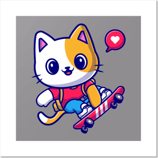 Cute Cat Playing Skateboard Cartoon Posters and Art